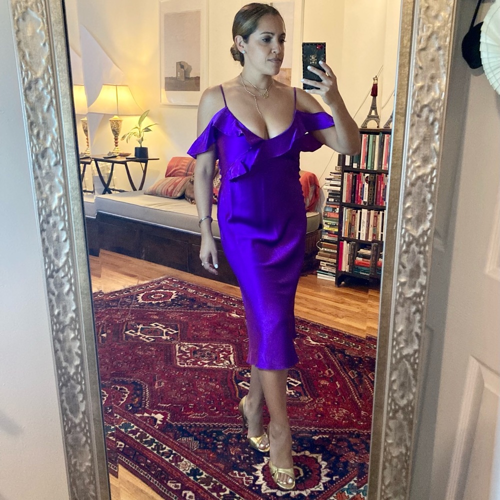 Amanda U shiny Char silk purple midi dress size S. New w tags